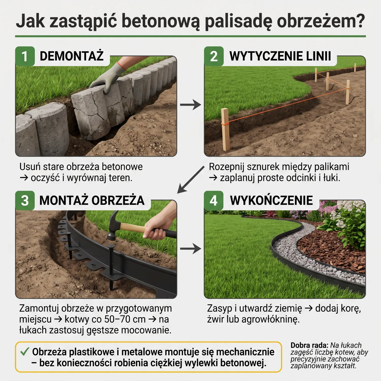 Na zdjęciu widoczna jest osoba w rękawiczkach ogrodniczych, która wbija metalową kotwę montażową w ziemię obok plastikowego obrzeża, które służy do wyznaczania krawędzi rabat kwiatowych w ogrodzie. W tle można dostrzec trawnik oraz elementy związane z budową chodników.